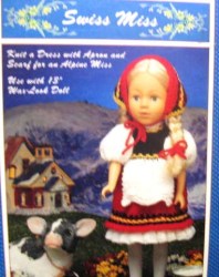 13'' DOLL KNITTED DRESS,APRON, SCARF ALPINE SWISS MISS PATTERN